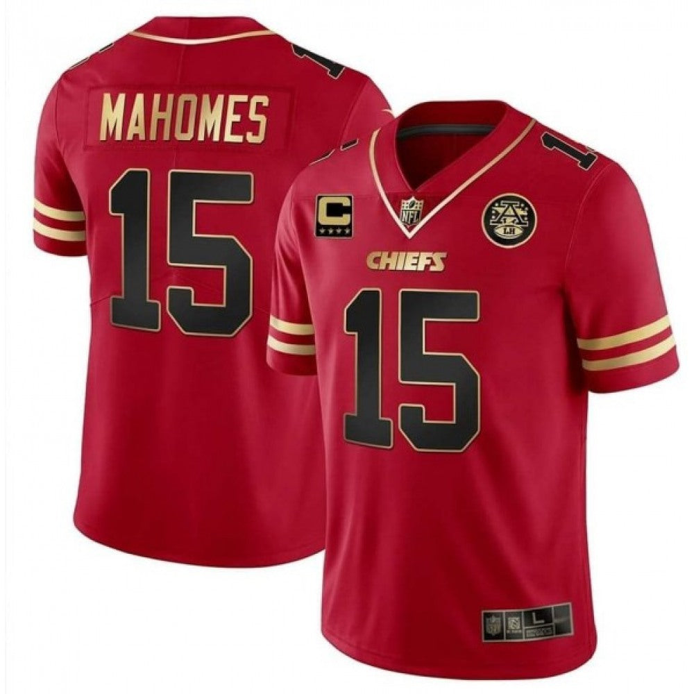Men's Kansas City Chiefs #15 Patrick Mahomes Red Gold With C Patch Stitched Football Jersey 