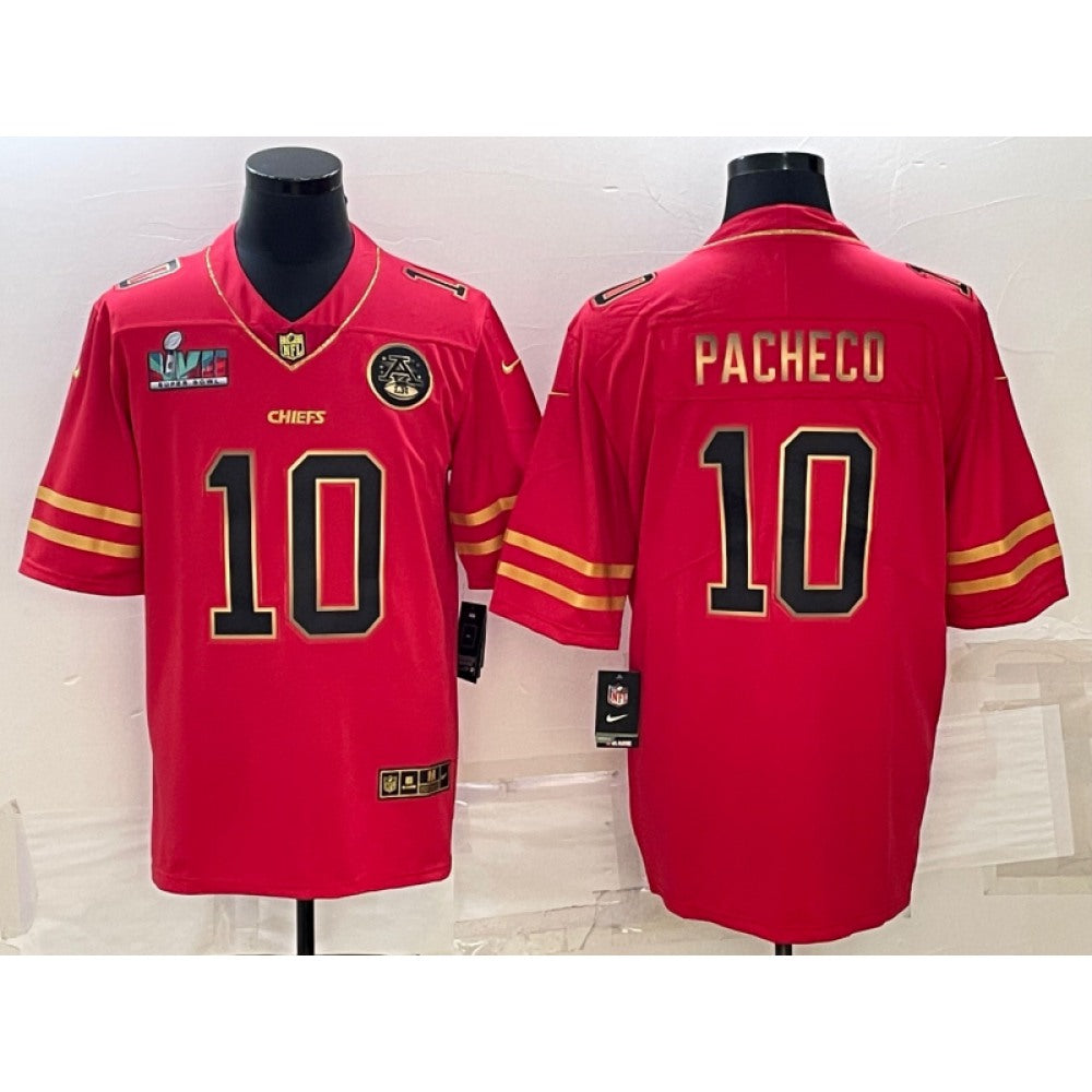 Men's Kansas City Chiefs #10 Isiah Pacheco Red Gold Super Bowl LVII Patch Vapor Untouchable Limited Stitched Jersey 