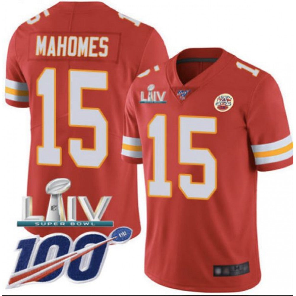 Men's Kansas City Chiefs #15 Patrick Mahomes Red Super Bowl LIV With 100th Season Patch Vapor Untouchable Limited Stitched NFL Jersey 