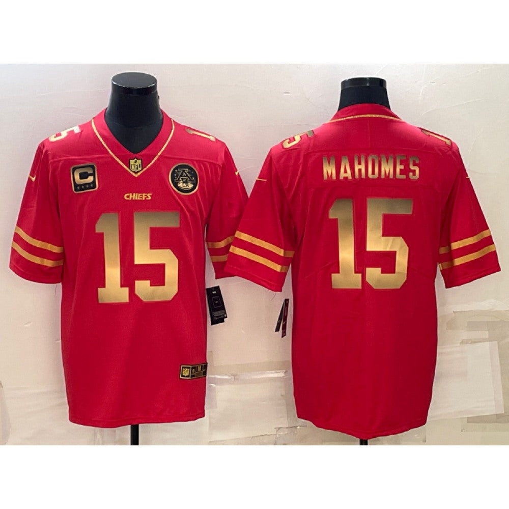 Men's Kansas City Chiefs #15 Patrick Mahomes Red Gold 4-star C Patch Vapor Untouchable Limited Stitched Jersey 