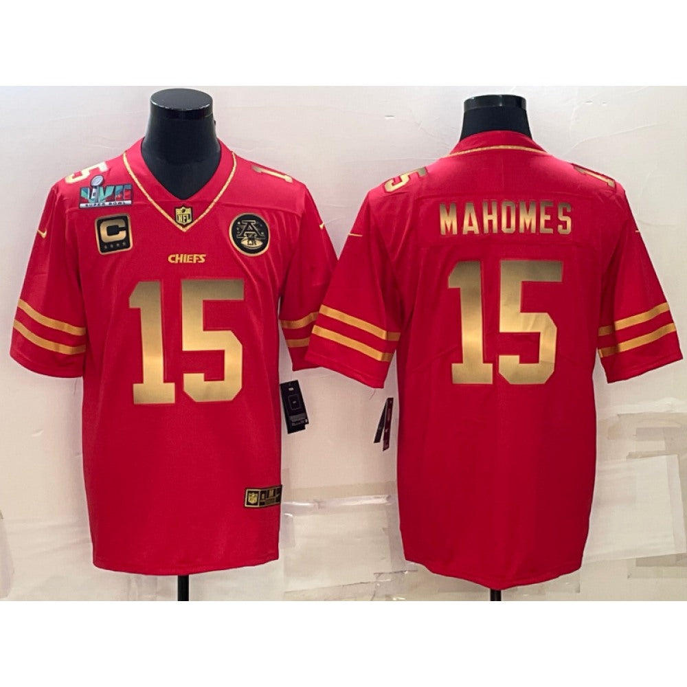 Men's Kansas City Chiefs #15 Patrick Mahomes Red Gold Super Bowl LVII Patch And 4-star C Patch Vapor Untouchable Limited Stitched Jersey 