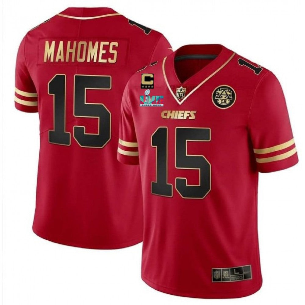 Men's Kansas City Chiefs #15 Patrick Mahomes Red Gold Super Bowl LVII Patch And 4-star C Patch Vapor Untouchable Limited Stitched Jersey 