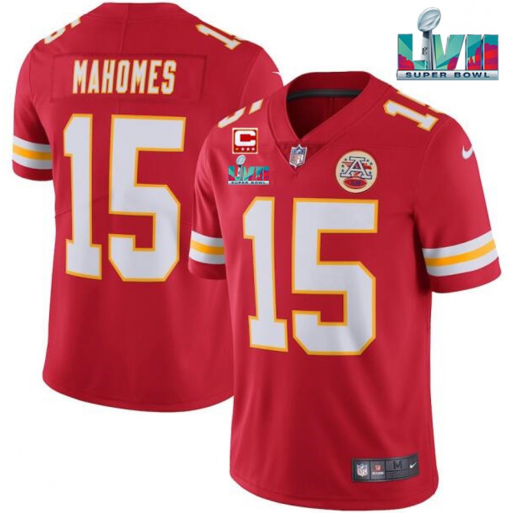 Men's Kansas City Chiefs #15 Patrick Mahomes Red Super Bowl LVII Patch And 4-star C Patch Vapor Untouchable Limited Stitched Jersey 
