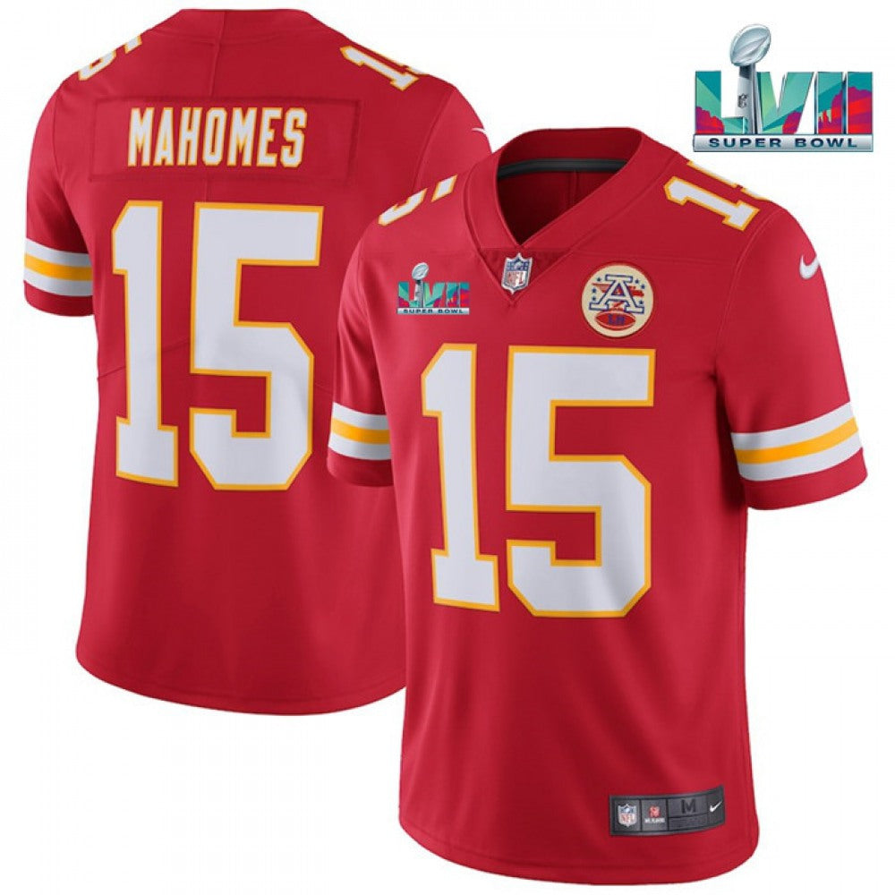 Men's Kansas City Chiefs #15 Patrick Mahomes Red Super Bowl LVII Patch Vapor Untouchable Limited Stitched Jersey 