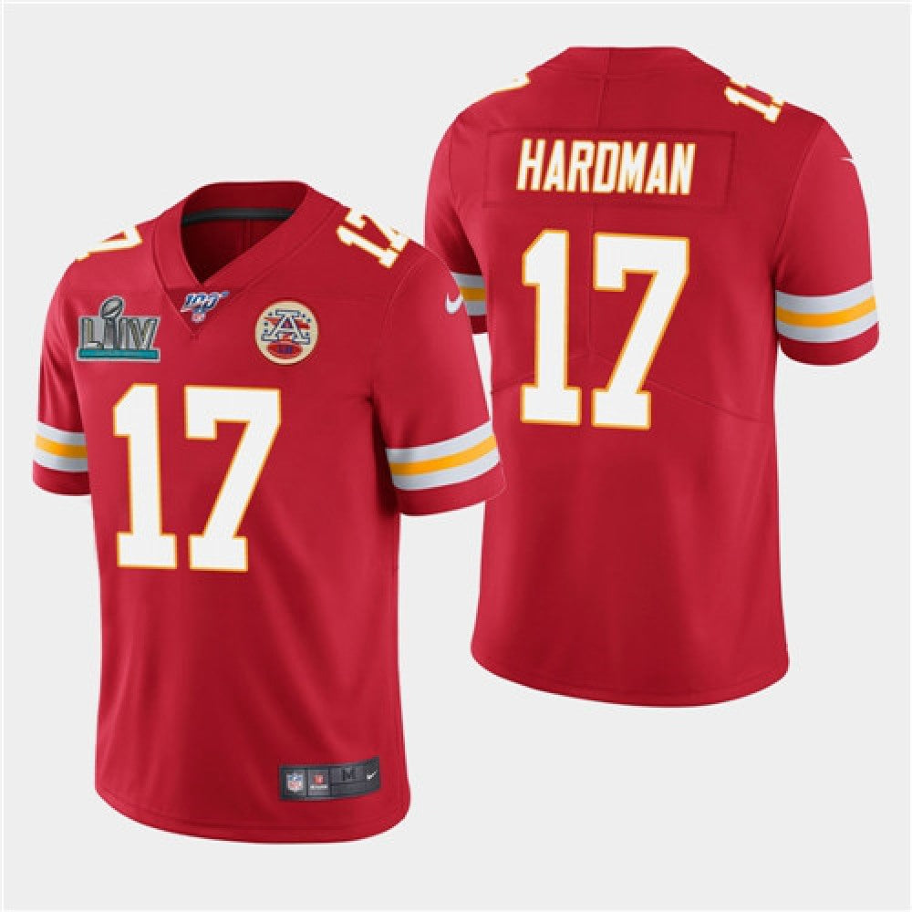 Men's Kansas City Chiefs #17 Mecole Hardman Red Super Bowl LIV With 100th Season Patch Vapor Untouchable Limited Stitched NFL Jersey 