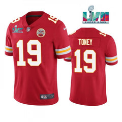 Men's Kansas City Chiefs #19 Kadarius Toney Red Super Bowl LVII Patch Vapor Untouchable Limited Stitched Football Jersey 