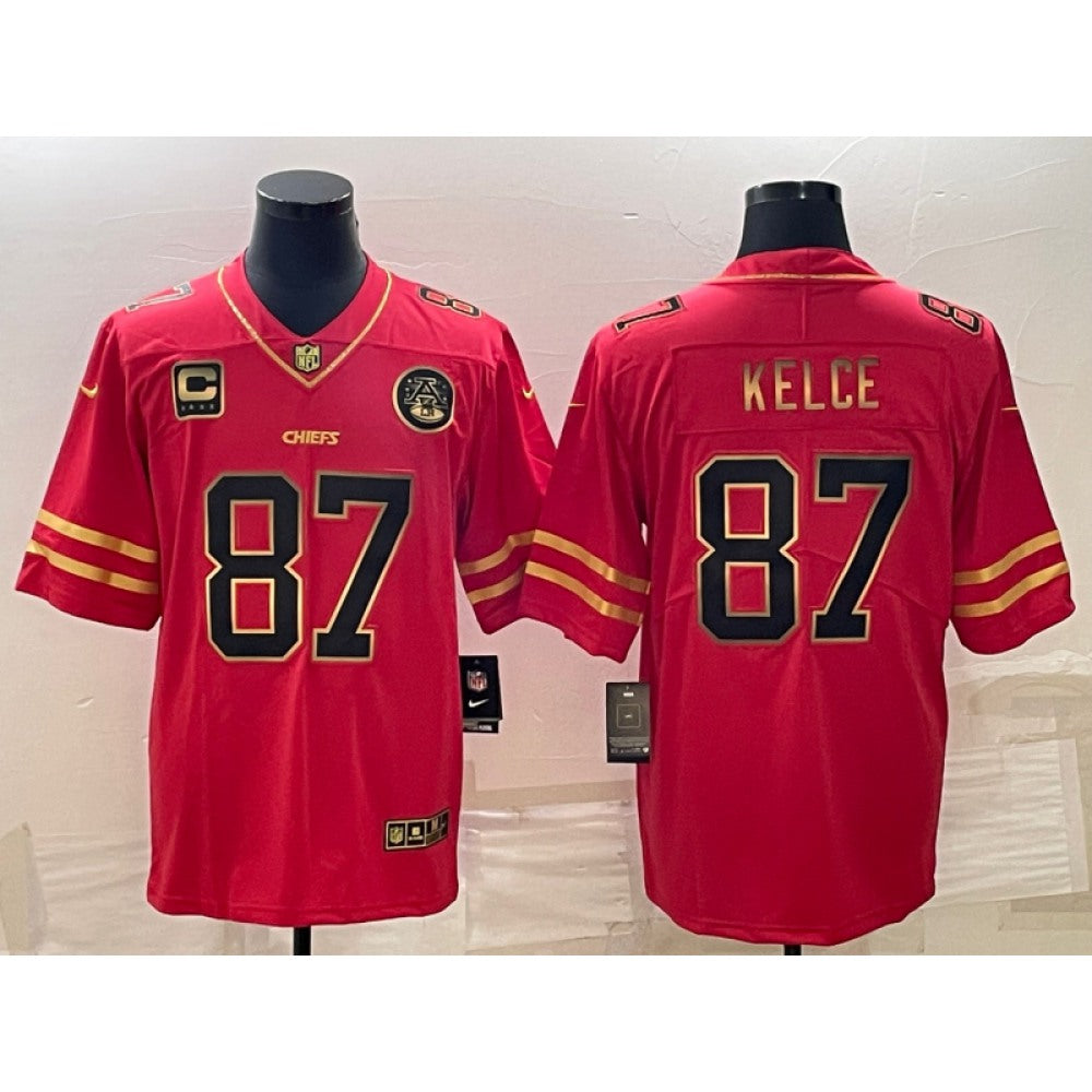 Men's Kansas City Chiefs #87 Travis Kelce Red Gold 4-star C Patch Vapor Untouchable Limited Stitched Jersey 