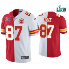 Men's Kansas City Chiefs #87 Travis Kelce Red & White Split Super Bowl LVII Patch Limited Stitched Jersey 