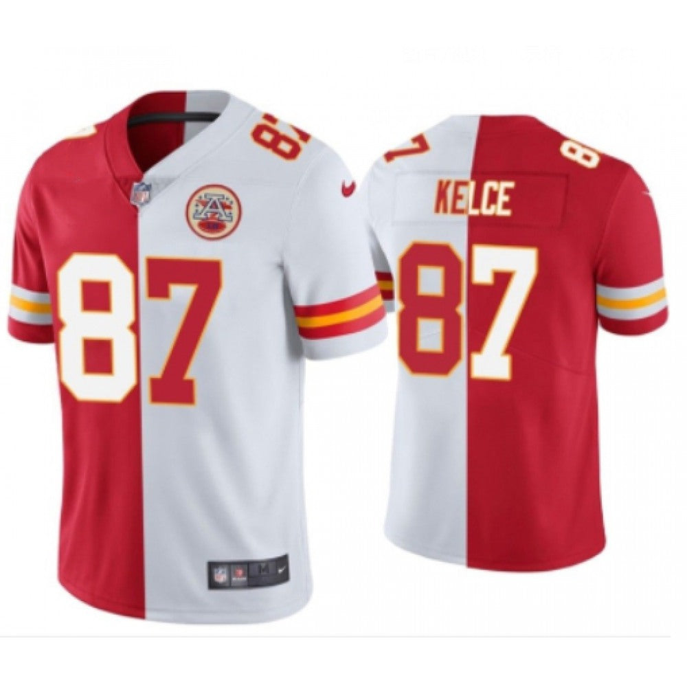 Men's Kansas City Chiefs #87 Travis Kelce Red & White Split Limited Stitched Jersey 