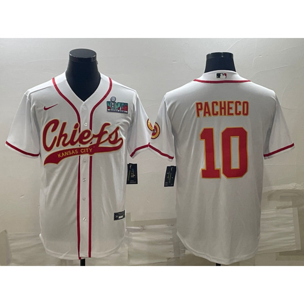Men's Kansas City Chiefs #10 Isiah Pacheco White With Super Bowl LVII Patch Cool Base Stitched Baseball Jersey 