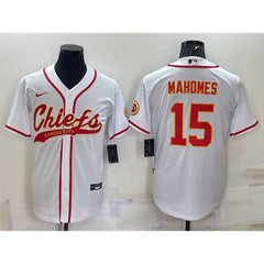 Men's Kansas City Chiefs #15 Patrick Mahomes White With Patch Cool Base Stitched Baseball Jersey 