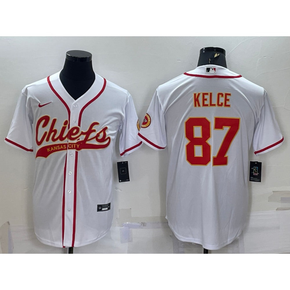 Men's Kansas City Chiefs #87 Travis Kelce White With Patch Cool Base Stitched Baseball Jersey 