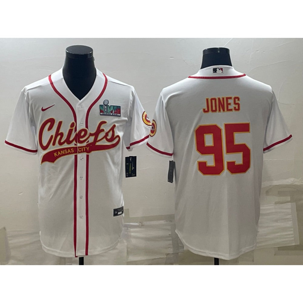 Men's Kansas City Chiefs #95 Chris Jones White With Super Bowl LVII Patch Cool Base Stitched Baseball Jersey 