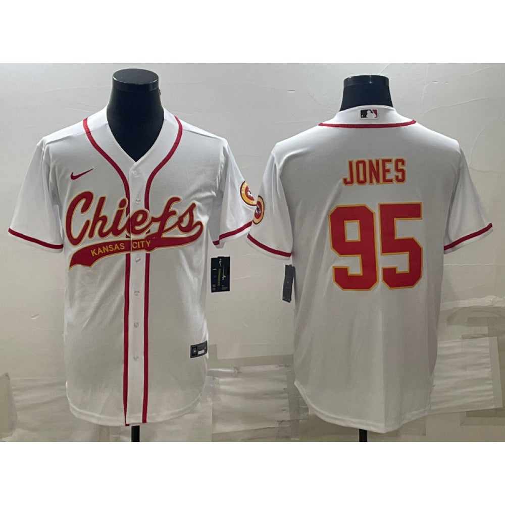 Men's Kansas City Chiefs #95 Chris Jones White With Patch Cool Base Stitched Baseball Jersey 