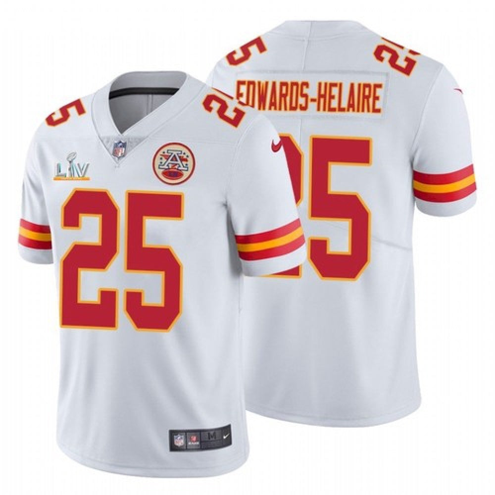 Men's Kansas City Chiefs #25 Clyde Edwards-Helaire White 2021 Super Bowl LV Stitched NFL Jersey 