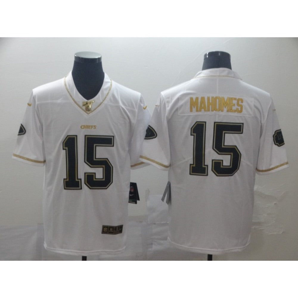 Men's Kansas City Chiefs #15 Patrick Mahomes White 2019 100th Season Golden Edition Limited Stitched NFL Jersey 