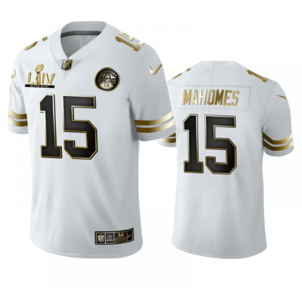 Men's Kansas City Chiefs #15 Patrick Mahomes White Super Bowl LIV Golden Edition Limited Stitched Jersey 