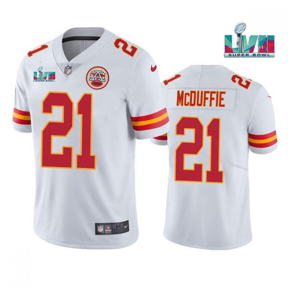 Men's Kansas City Chiefs #21 Trent McDuffie White Super Bowl LVII Patch Vapor Untouchable Limited Stitched Jersey 