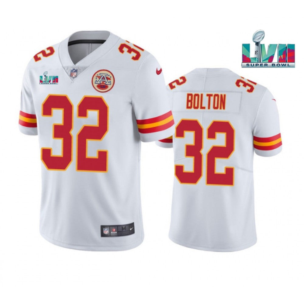Men's Kansas City Chiefs #32 Nick Bolton White Super Bowl LVII Patch Vapor Untouchable Limited Stitched Jersey 