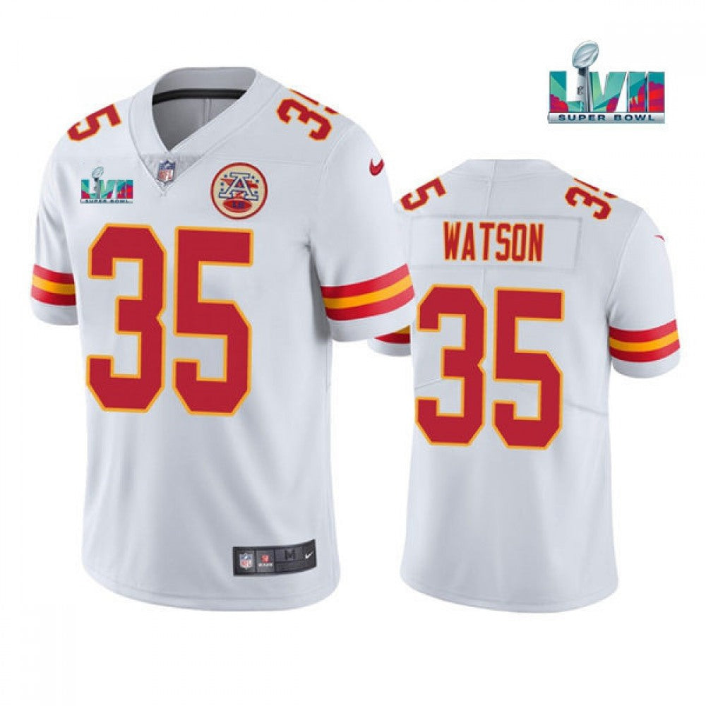 Men's Kansas City Chiefs #35 Jaylen Watson White Super Bowl LVII Patch Vapor Untouchable Limited Stitched Jersey 