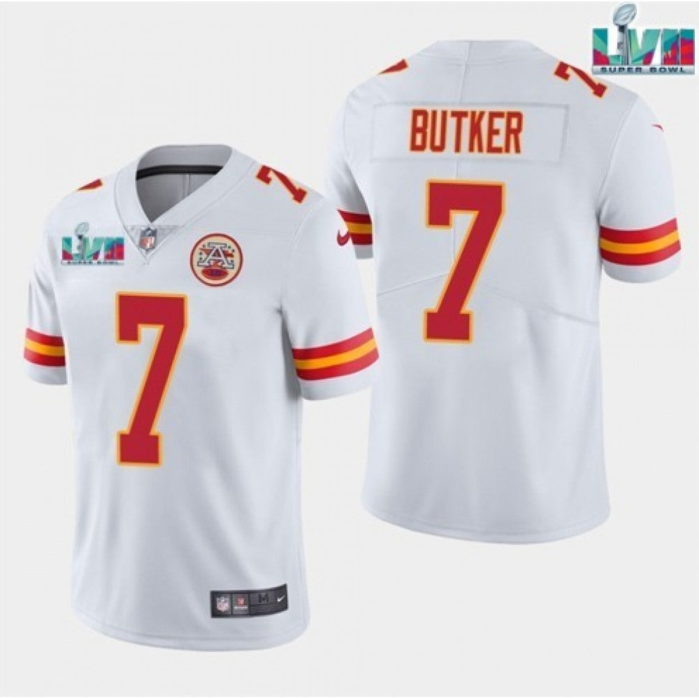 Men's Kansas City Chiefs #7 Harrison Butker White Super Bowl LVII Patch Vapor Untouchable Limited Stitched Jersey 
