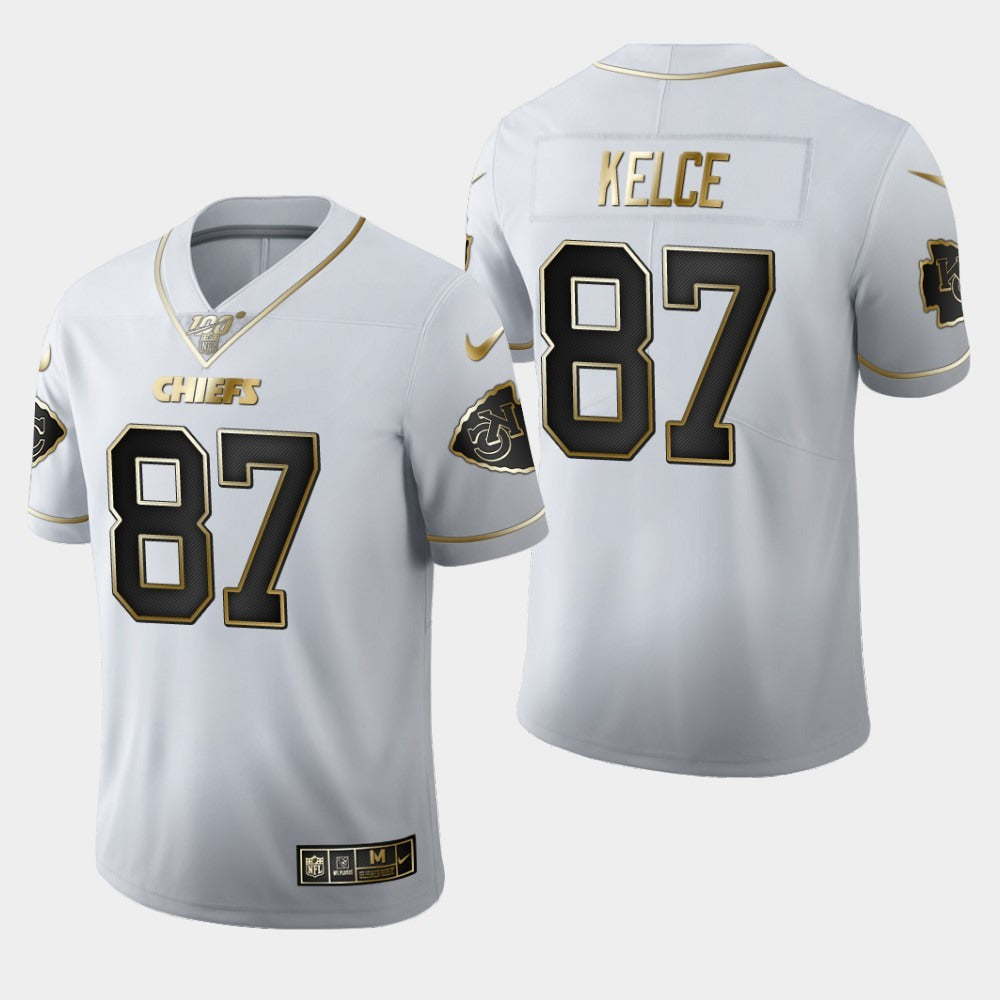 Men's Kansas City Chiefs #87 Travis Kelce White 2019 100th Season Golden Edition Limited Stitched NFL Jersey 