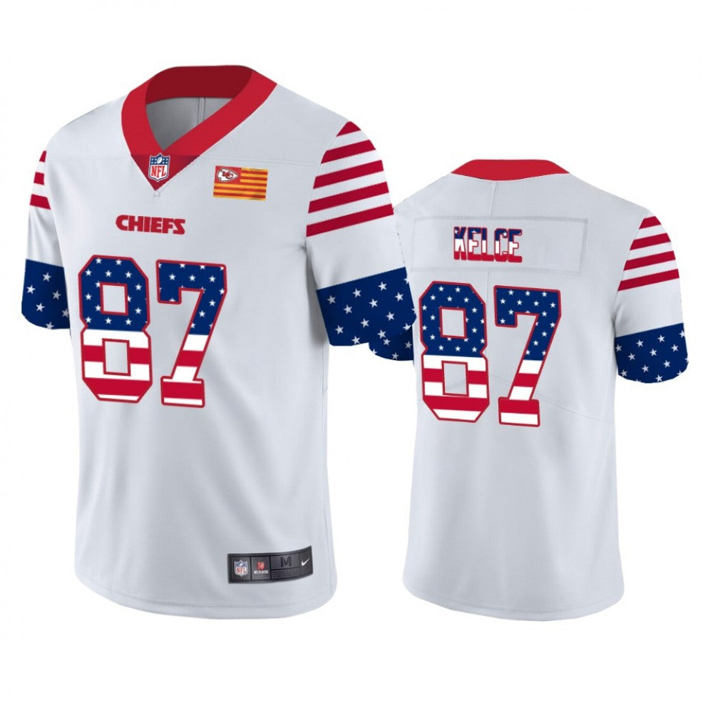Men's Kansas City Chiefs #87 Travis Kelce White 2019 USA Flag Fashion Limited Stitched NFL Jersey 