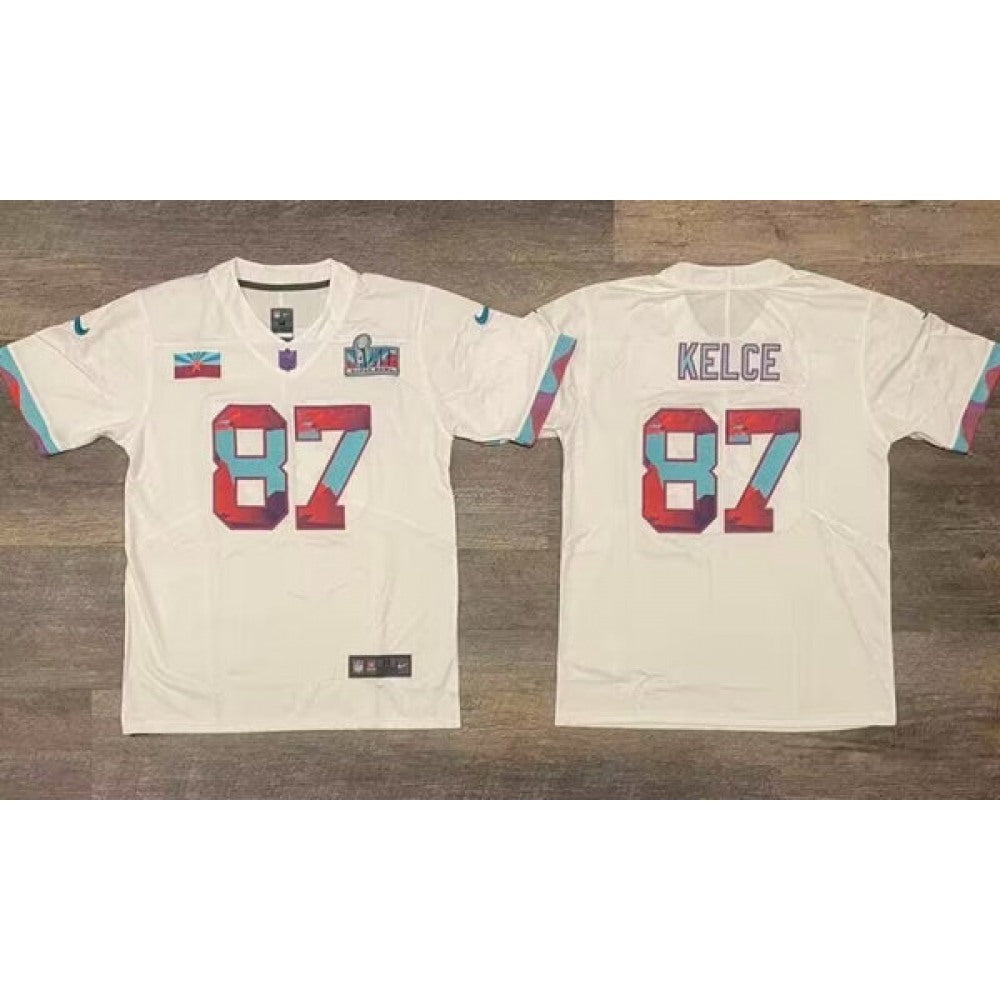 Men's Kansas City Chiefs #87 Travis Kelce White Super Bowl LVII Patch Vapor Untouchable Limited Stitched Jersey 