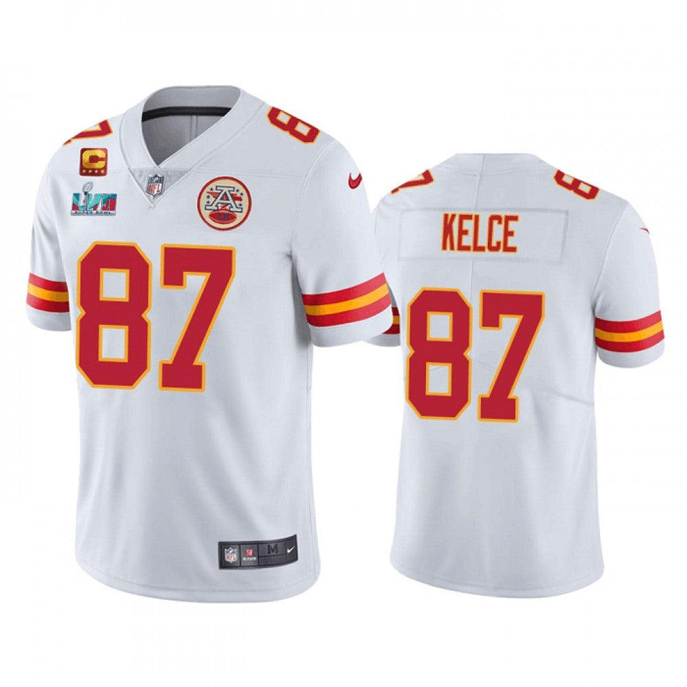 Men's Kansas City Chiefs #87 Travis Kelce White Super Bowl LVII Patch And 4-star C Patch Vapor Untouchable Limited Stitched Jersey 