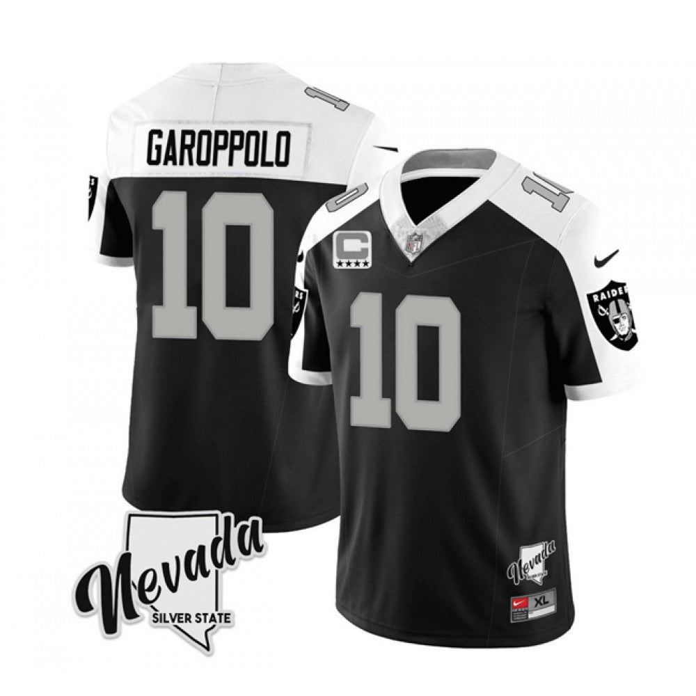Men's Las Vegas Raiders #10 Jimmy Garoppolo Black/White 2023 F.U.S.E Nevada Silver Stat With 4-Star C patch Stitched Football Jersey 