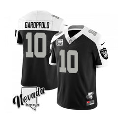 Men's Las Vegas Raiders #10 Jimmy Garoppolo Black/White 2023 F.U.S.E Nevada Silver Stat With 4-Star C patch Stitched Football Jersey 