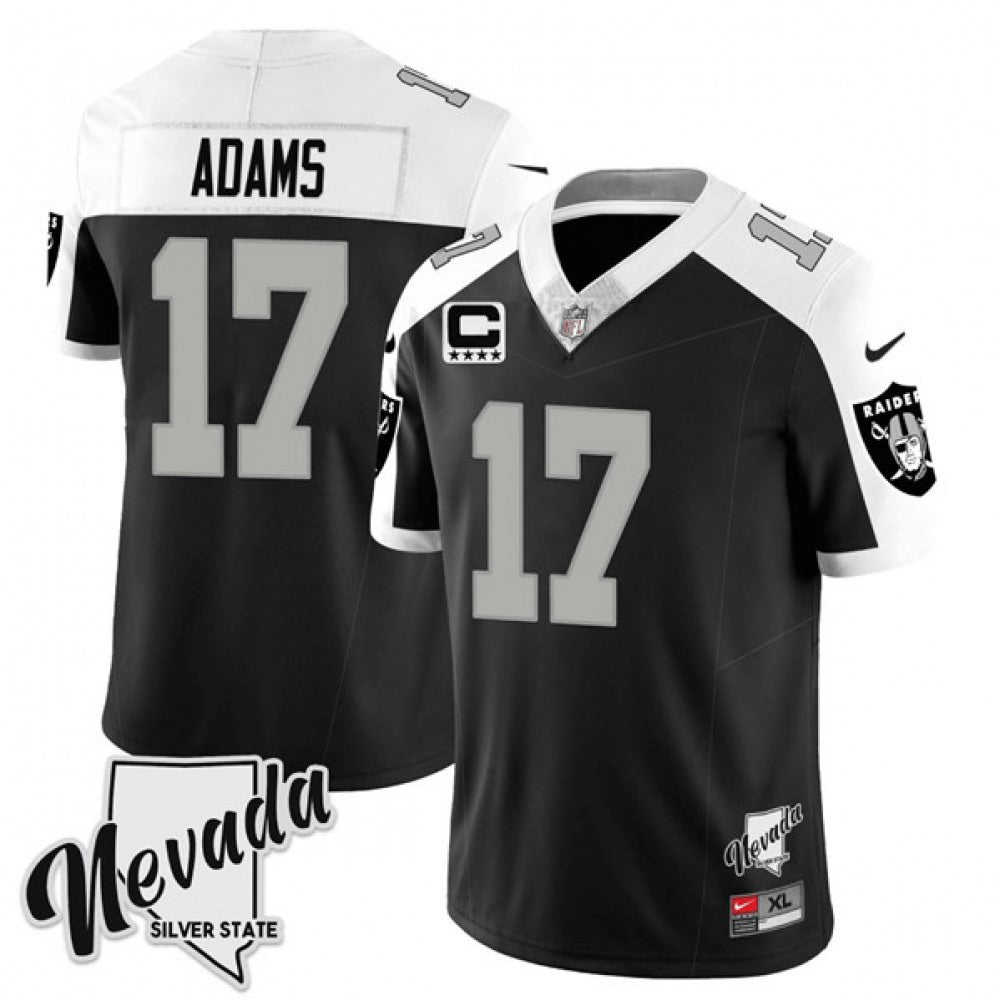 Men's Las Vegas Raiders #17 Davante Adams Black/White 2023 F.U.S.E Nevada Silver Stat With 4-Star C patch Stitched Football Jersey 