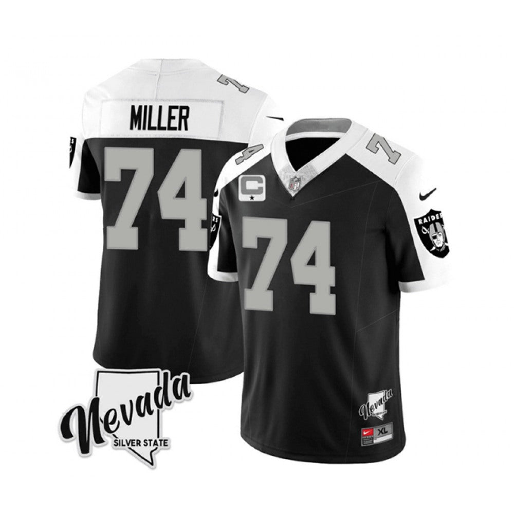 Men's Las Vegas Raiders #74 Kolton Miller Black/White 2023 F.U.S.E Nevada Silver Stat With 1-Star C patch Stitched Football Jersey 