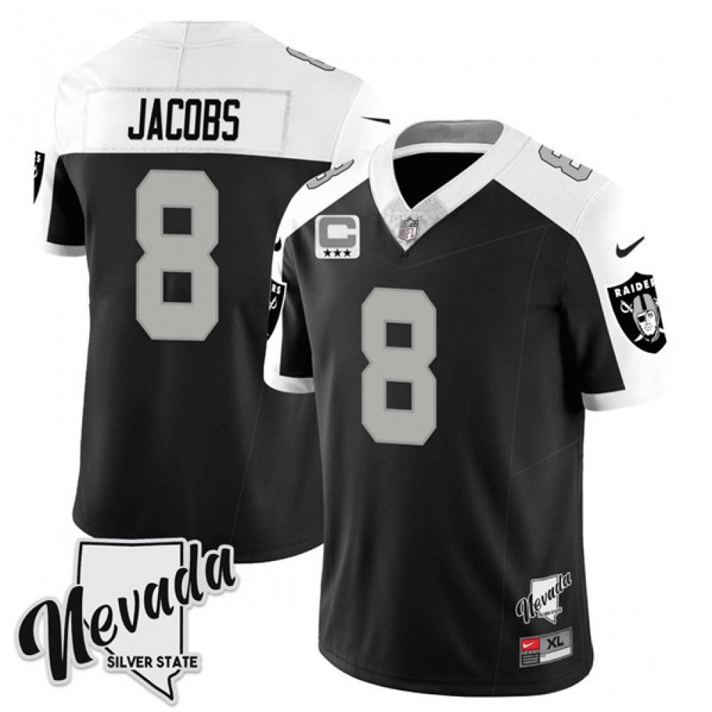 Men's Las Vegas Raiders #8 Josh Jacobs Black/White 2023 F.U.S.E Nevada Silver Stat With 3-Star C patch Stitched Football Jersey 