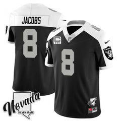 Men's Las Vegas Raiders #8 Josh Jacobs Black/White 2023 F.U.S.E Nevada Silver Stat With 3-Star C patch Stitched Football Jersey 