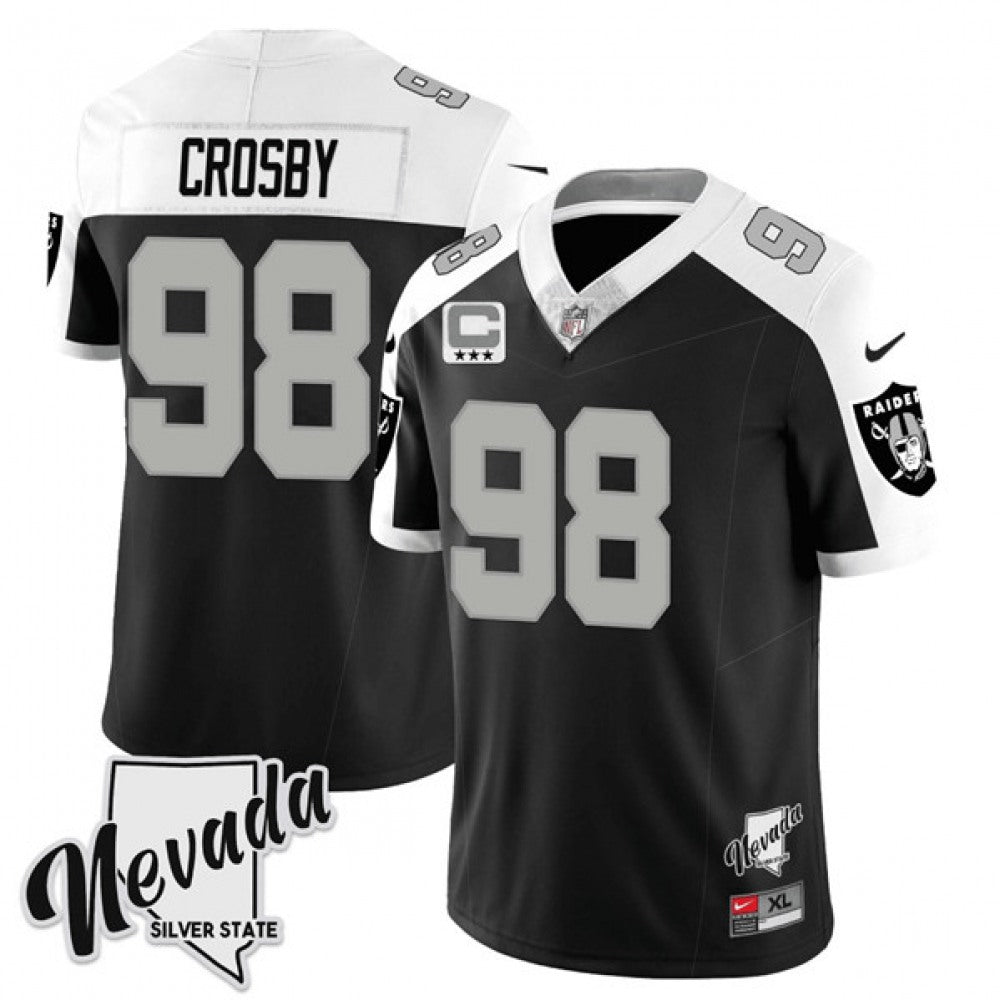Men's Las Vegas Raiders #98 Maxx Crosby Black/White 2023 F.U.S.E Nevada Silver Stat With 3-Star C patch Stitched Football Jersey 