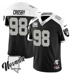 Men's Las Vegas Raiders #98 Maxx Crosby Black/White 2023 F.U.S.E Nevada Silver Stat With 3-Star C patch Stitched Football Jersey 