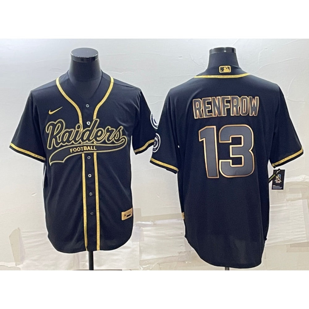 Men's Las Vegas Raiders #13 Hunter Renfrow Black Gold With Patch Cool Base Stitched Baseball Jersey 