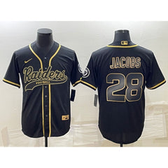Men's Las Vegas Raiders #28 Josh Jacobs Black Gold With Patch Cool Base Stitched Baseball Jersey 