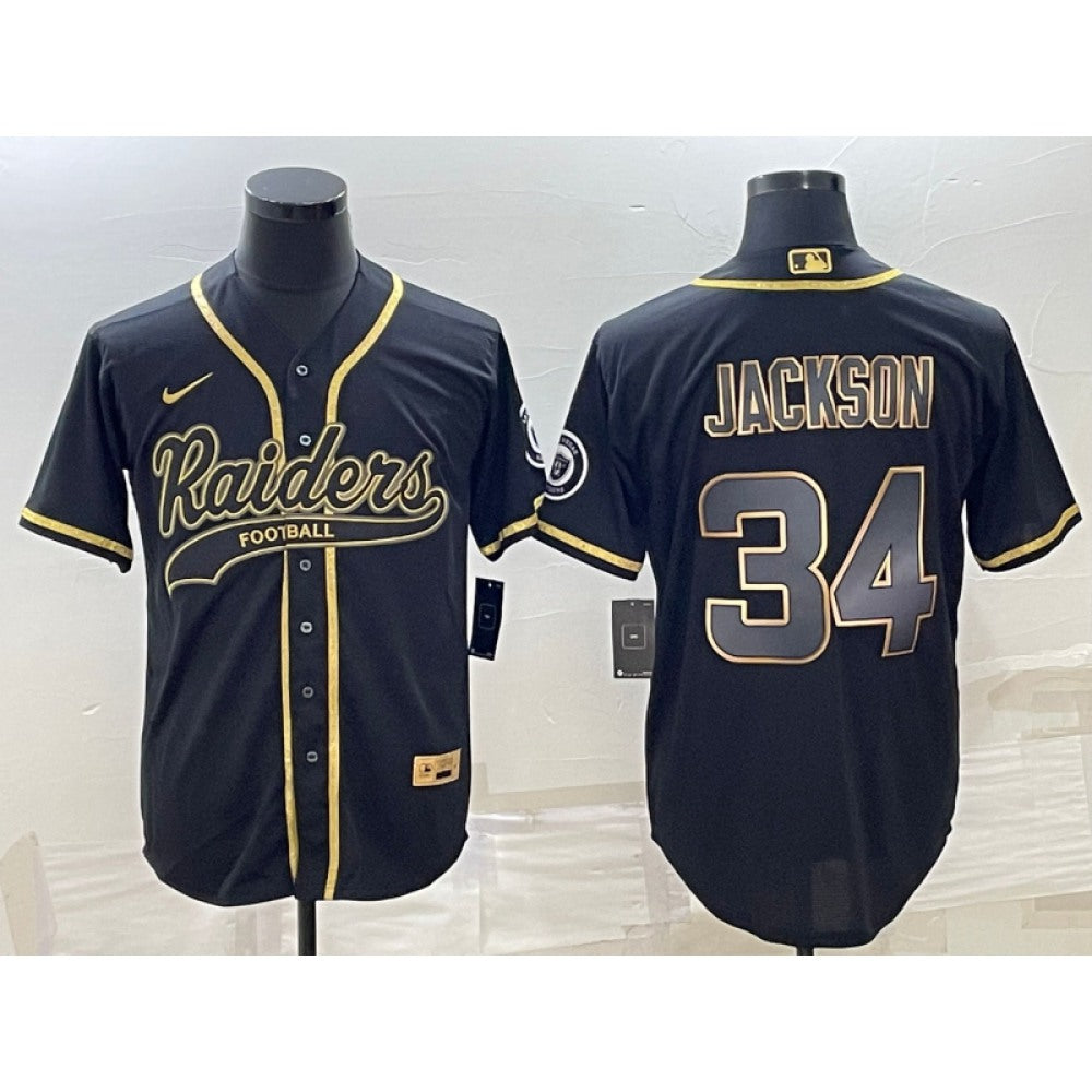 Men's Las Vegas Raiders #34 Bo Jackson Black Gold With Patch Cool Base Stitched Baseball Jersey 