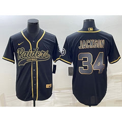 Men's Las Vegas Raiders #34 Bo Jackson Black Gold With Patch Cool Base Stitched Baseball Jersey 