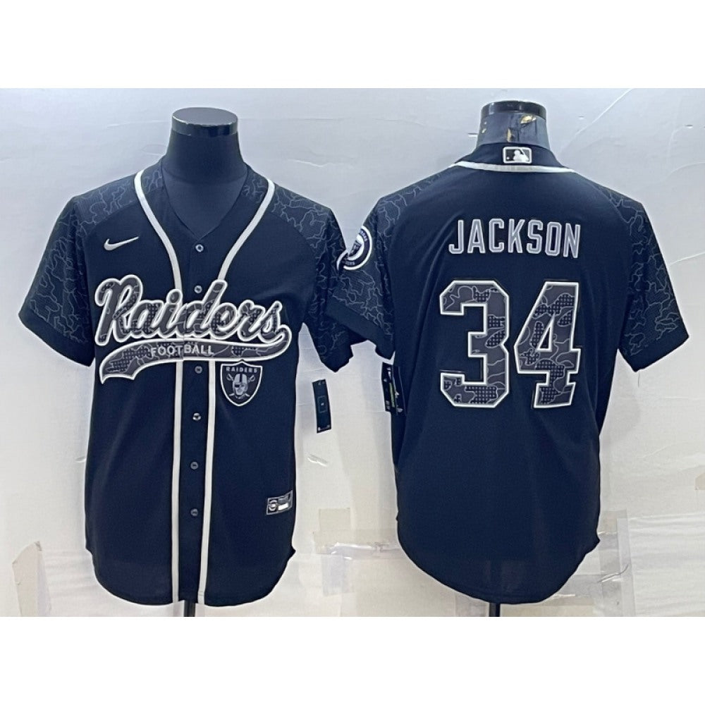 Men's Las Vegas Raiders #34 Bo Jackson Black Reflective With Patch Cool Base Stitched Baseball Jersey 
