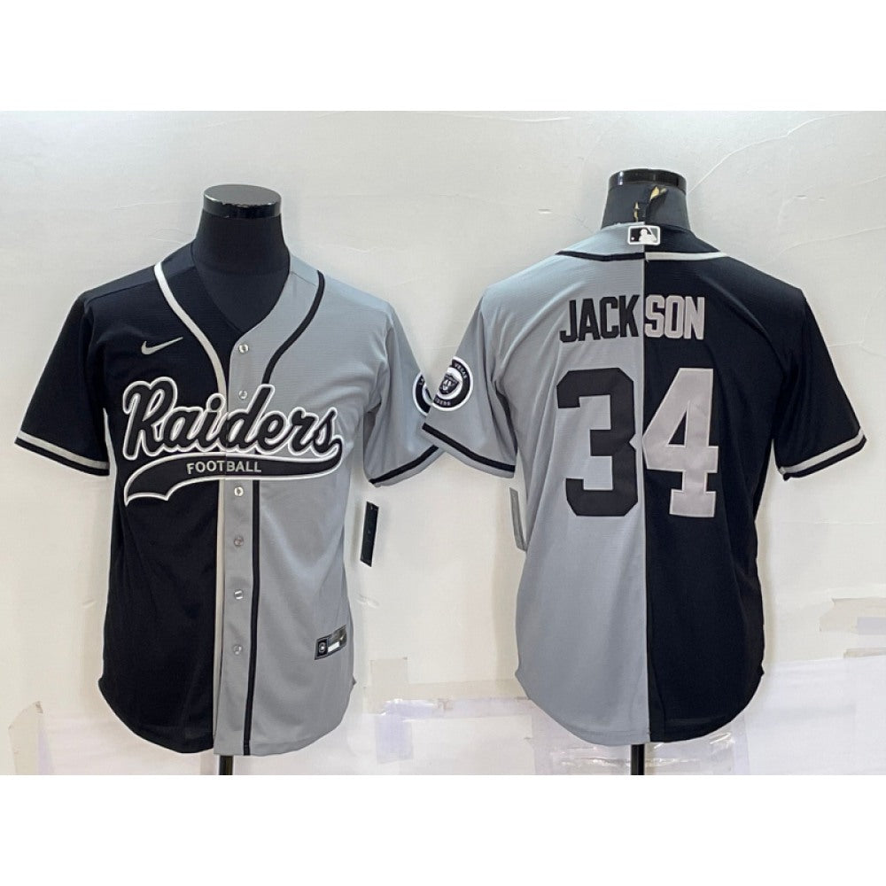Men's Las Vegas Raiders #34 Bo Jackson Black/Grey Split With Patch Cool Base Stitched Baseball Jersey 