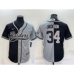 Men's Las Vegas Raiders #34 Bo Jackson Black/Grey Split With Patch Cool Base Stitched Baseball Jersey 