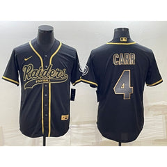 Men's Las Vegas Raiders #4 Derek Carr Black Gold With Patch Cool Base Stitched Baseball Jersey 