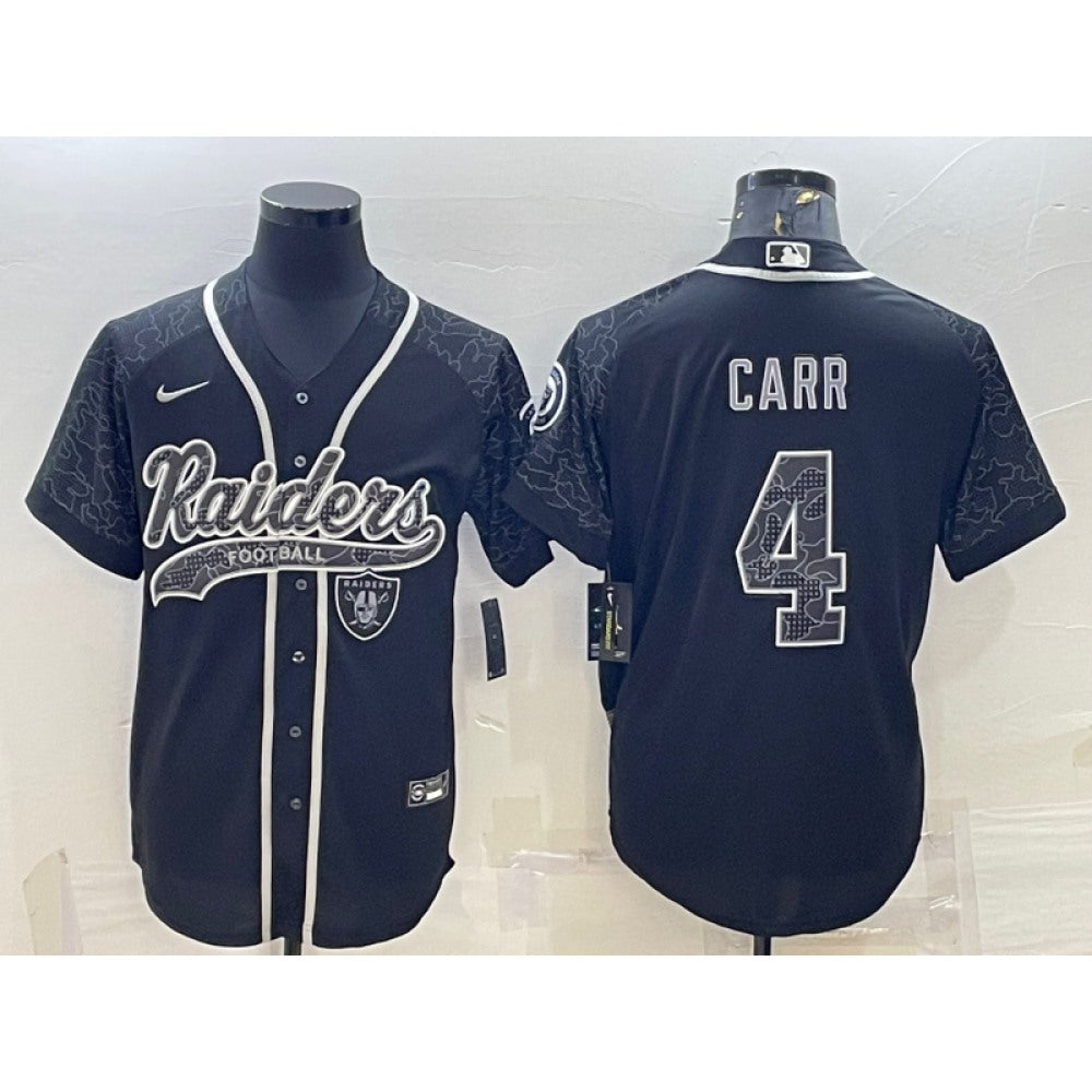 Men's Las Vegas Raiders #4 Derek Carr Black Reflective With Patch Cool Base Stitched Baseball Jersey 