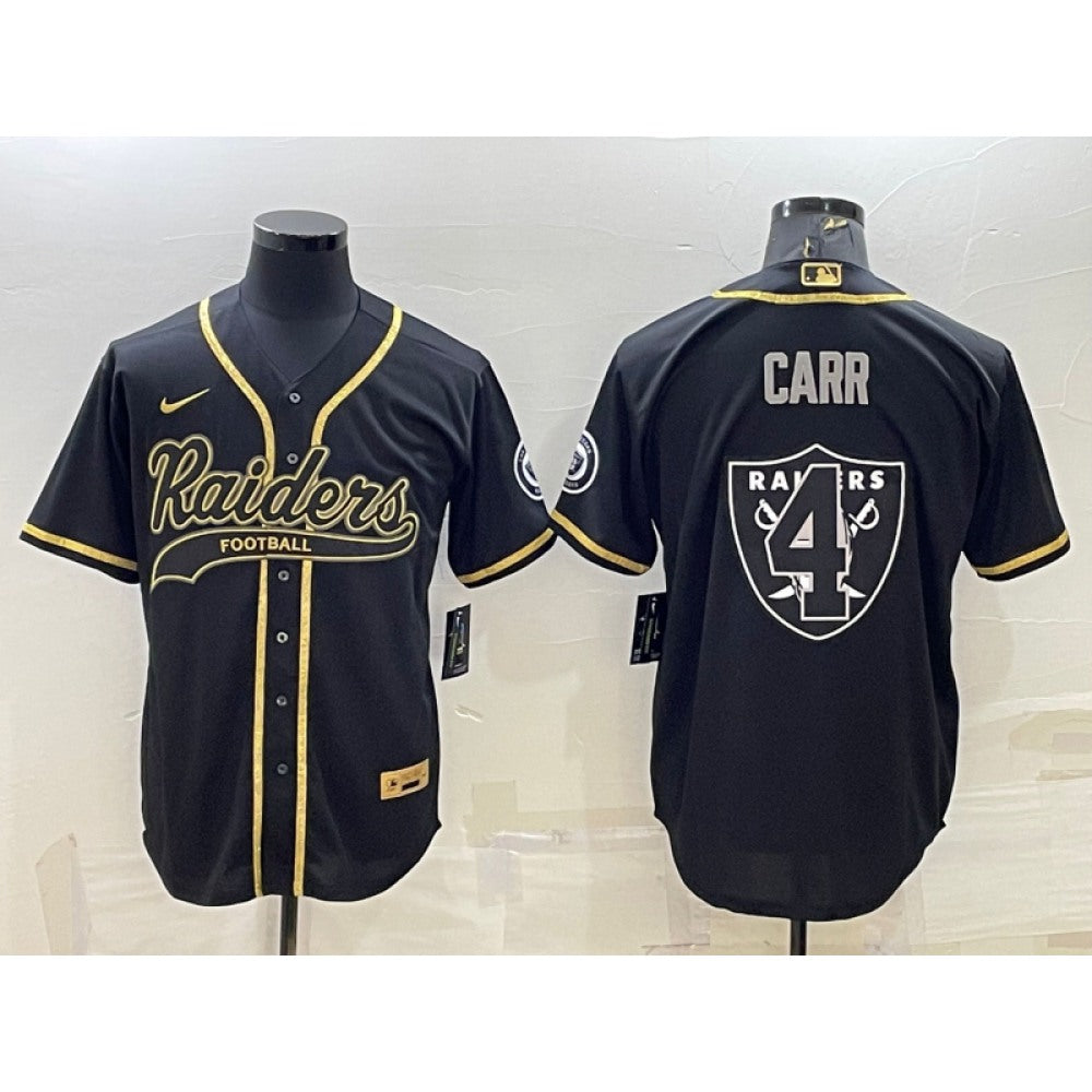 Men's Las Vegas Raiders #4 Derek Carr Black Gold Team Big Logo With Patch Cool Base Stitched Baseball Jersey 