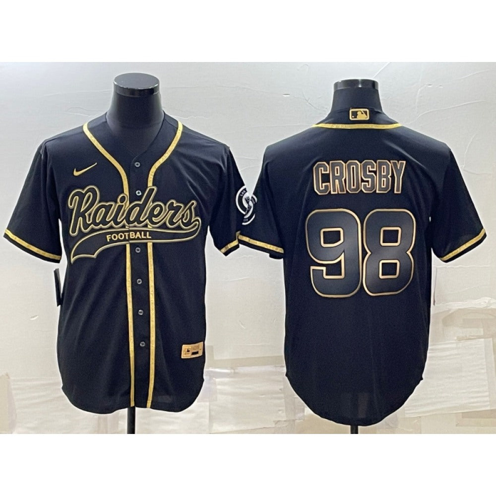 Men's Las Vegas Raiders #98 Maxx Crosby Black Gold With Patch Cool Base Stitched Baseball Jersey 