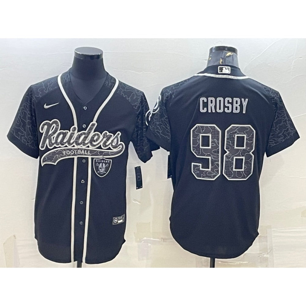 Men's Las Vegas Raiders #98 Maxx Crosby Black Reflective With Patch Cool Base Stitched Baseball Jersey 