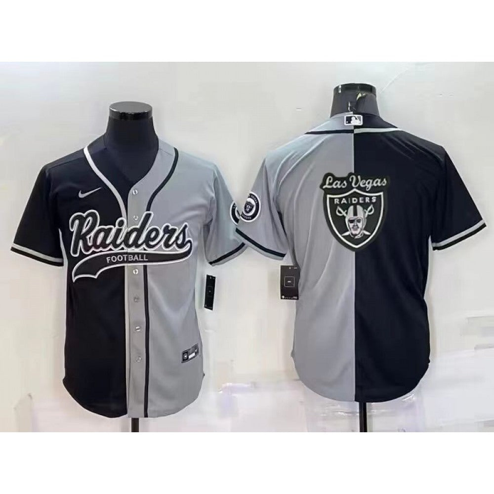 Men's Las Vegas Raiders Blank Black/Grey Split Team Big Logo With Patch Cool Base Stitched Baseball Jersey 